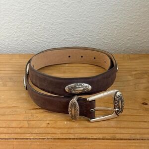 Vintage Brighton Brown Leather Concho Belt, Silver Scroll Western Buckle
